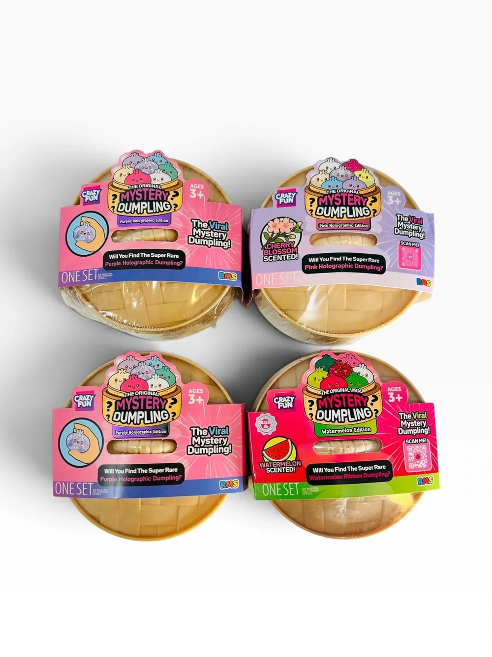 RMS Crazy Fun Mystery Dumpling Scented Pink Purple Holographic Squishy 4 Lot NEW